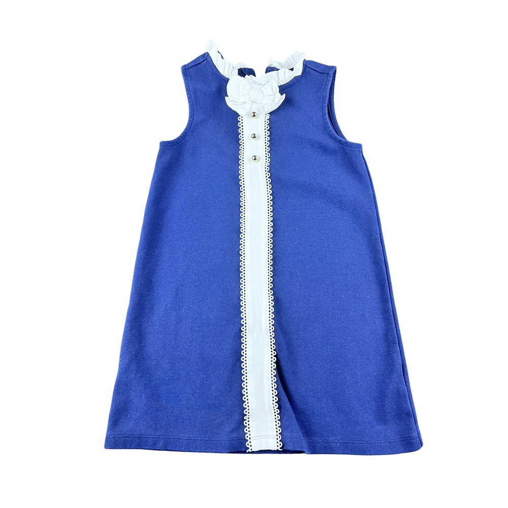 Janie and Jack Blue White Button Front Dress Girls Size 5 Ruffle Collar Bow - Picture 2 of 6